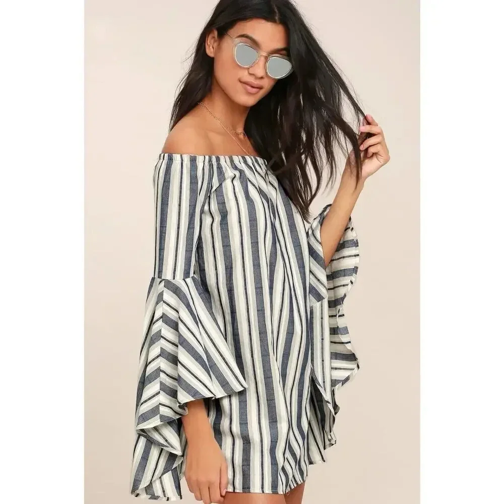 Lulu's Along the Tides Navy Blue Striped Off the Shoulder Boho Dress Size Medium - Picture 2 of 11